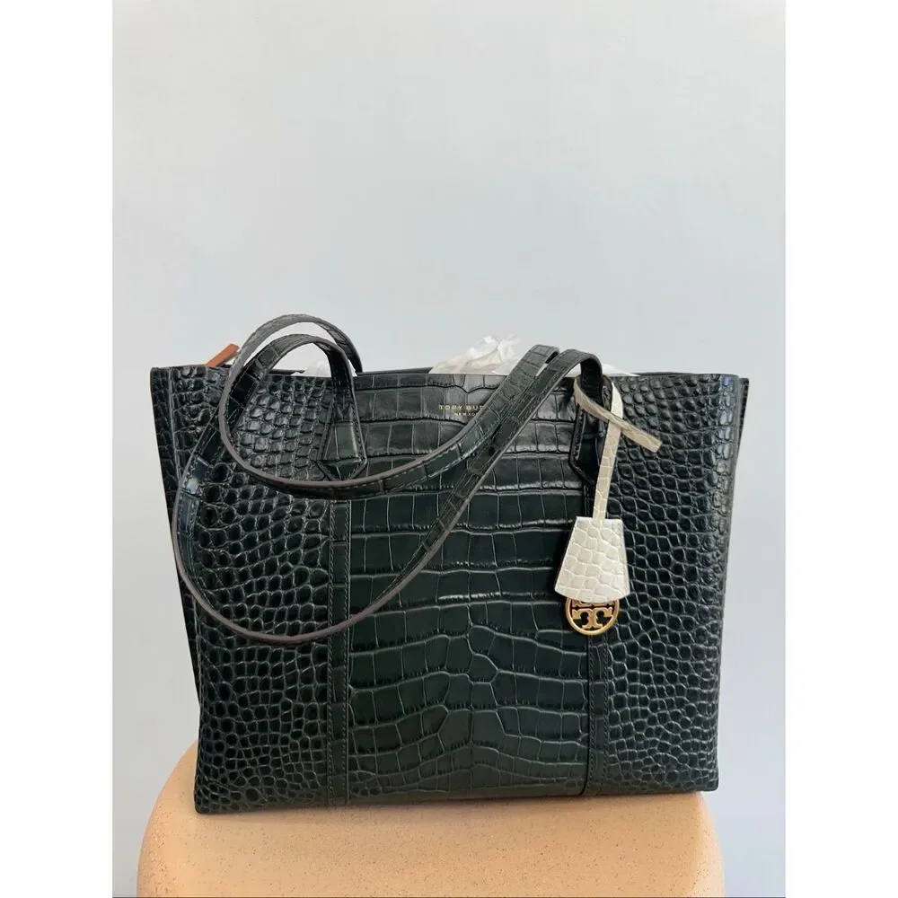 Tory Burch Perry Deep Kelp Green Embossed Triple Compartment Tote Bag